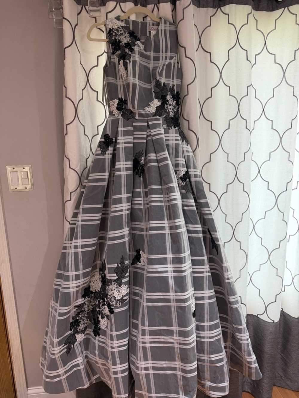 Jovani Gray and White Plaid Ball Gown with Black & White Floral Appliqués